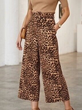 No Comment Pants Wide Leg Lounge Leopard Print Belted Waist Brown Size M